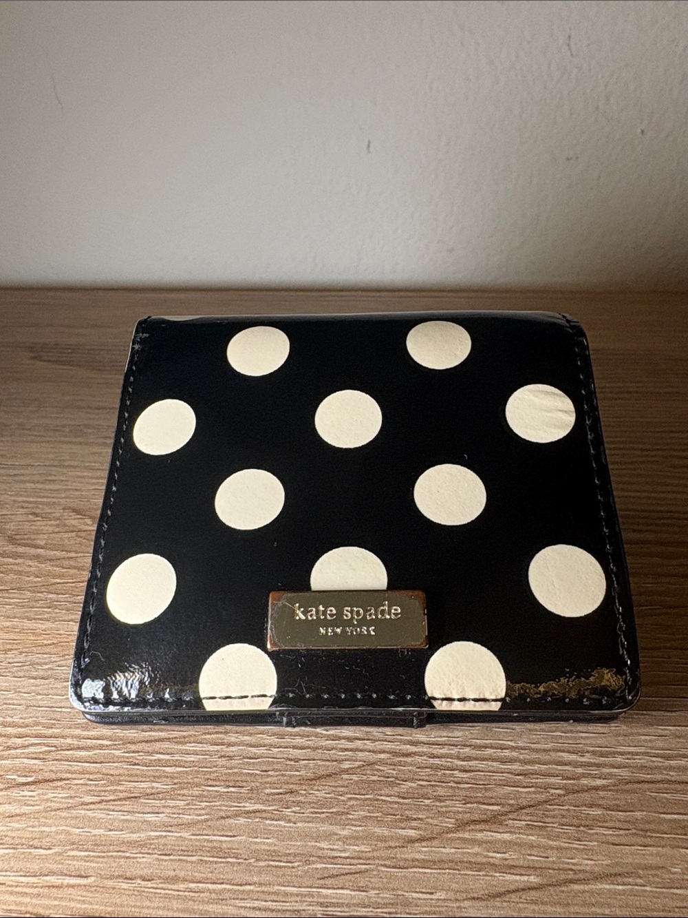 kate spade Black with Cream Polka Dot Compact Wallet- Used. AS IS